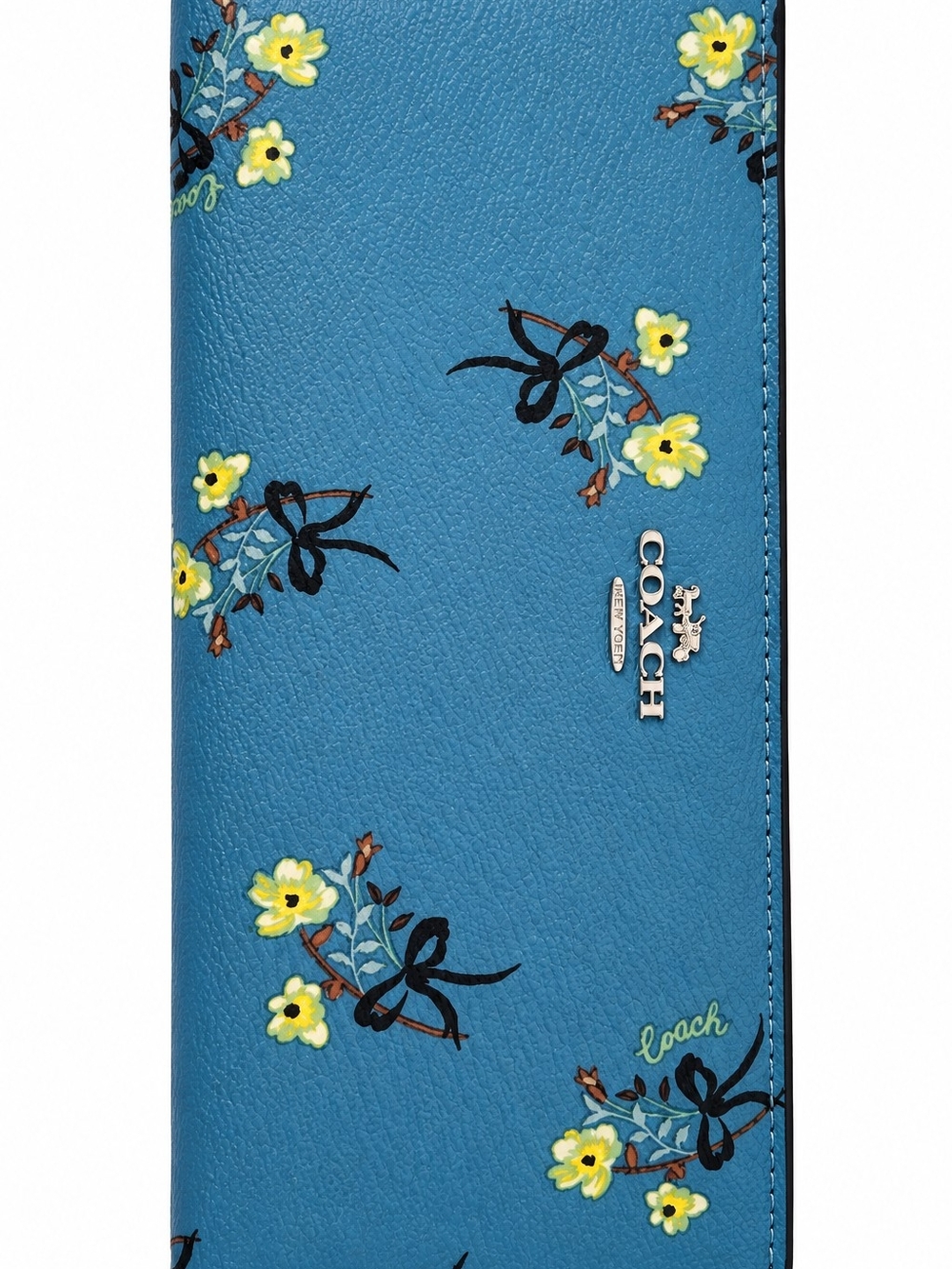 Coach Blue Floral Leather Zip Wallet with Yellow Blooms